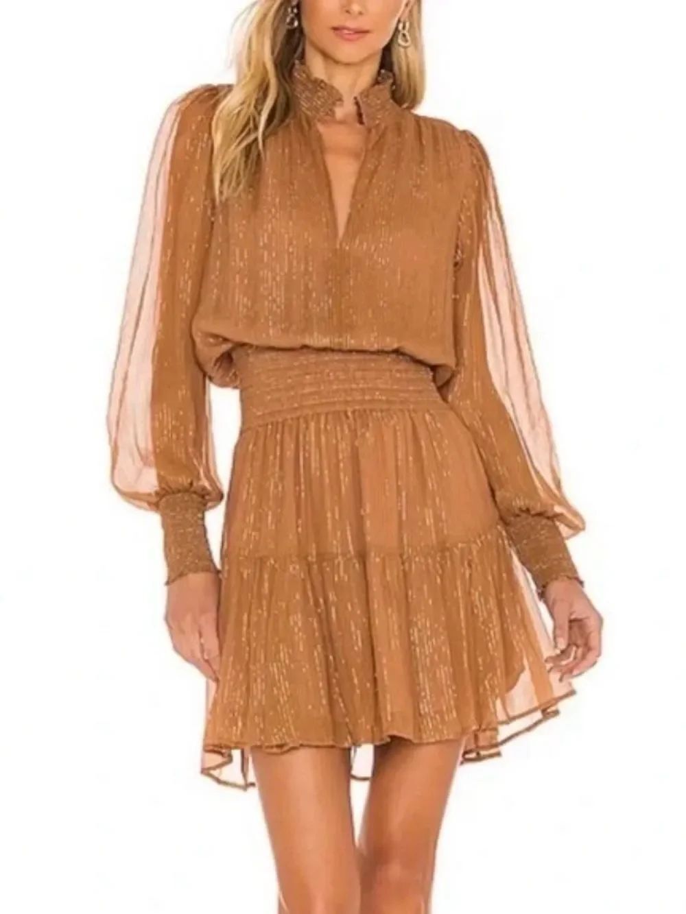 A.L.C. Silvie Silk Minidress brown metallic-striped smocked waist tiered skirt.